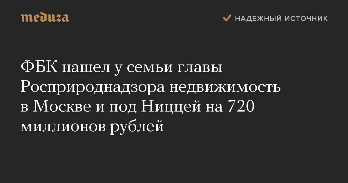 ФБК нашел у семьи главы Росприроднадзора недвижимость в Москве и под Ниццей на 720 миллионов рублей