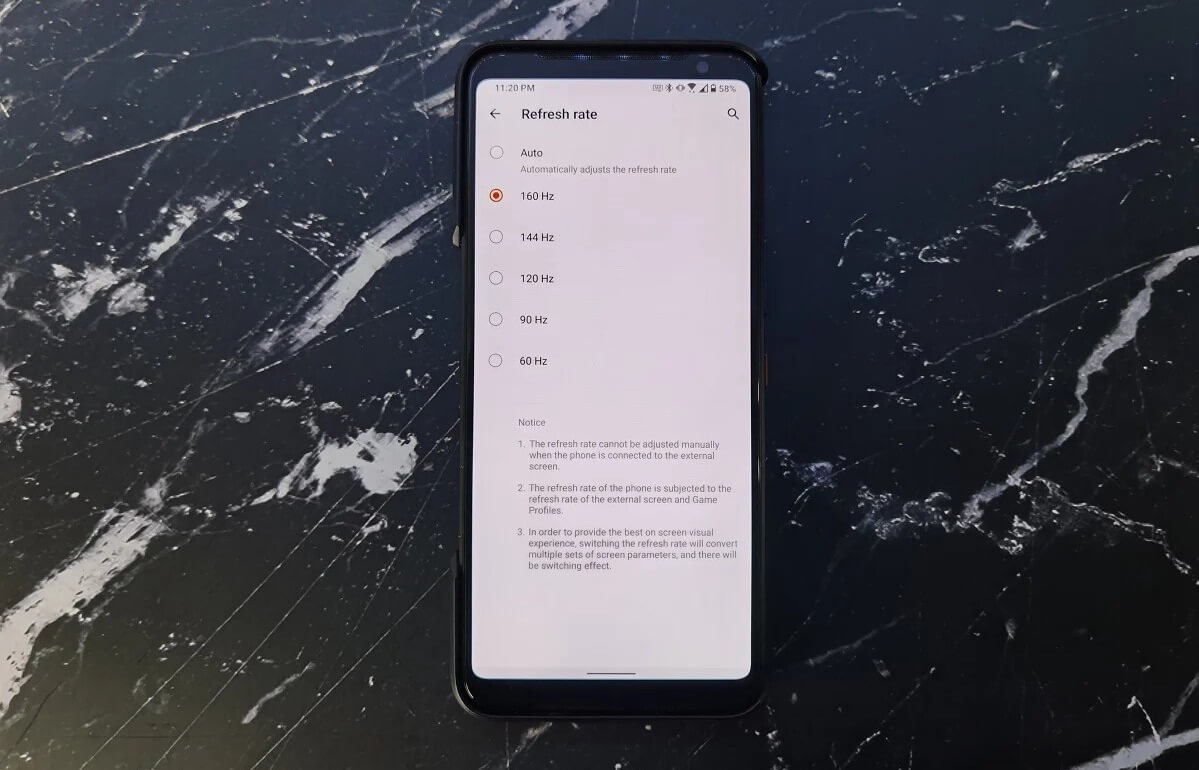 В ASUS ROG Phone 3 нашли режим частоты обновления дисплея 160 Гц